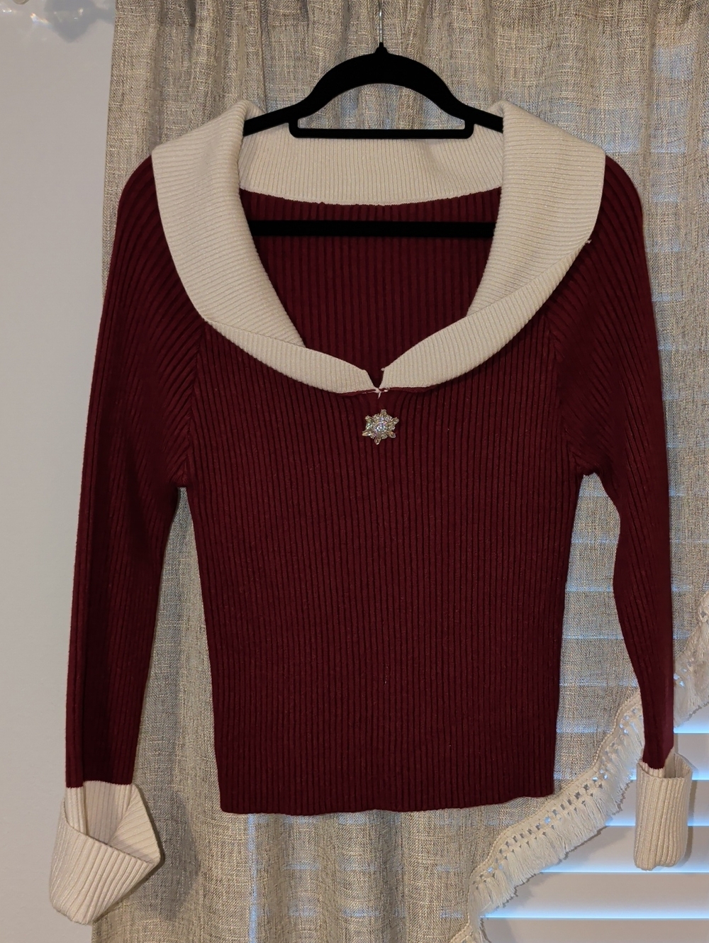 Maroon Ribbed Cowl Sweater with Cream Collar